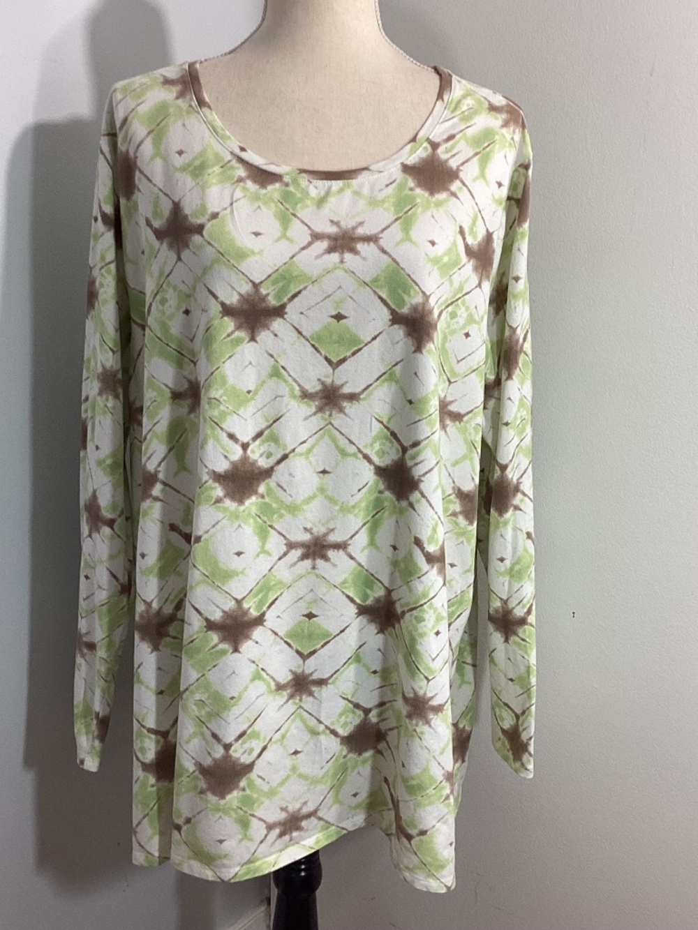 PURE JILL PLUS SIZE 4X GEOMETRIC LIME BROWN PRINT LONG SLEEVE TEE TUNIC CASUAL